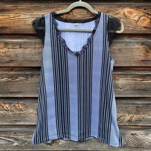 Black and White Striped V Neck Tank with Lace Trim